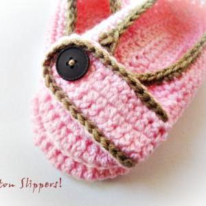 Light Pink/coffee Crochet Slippers